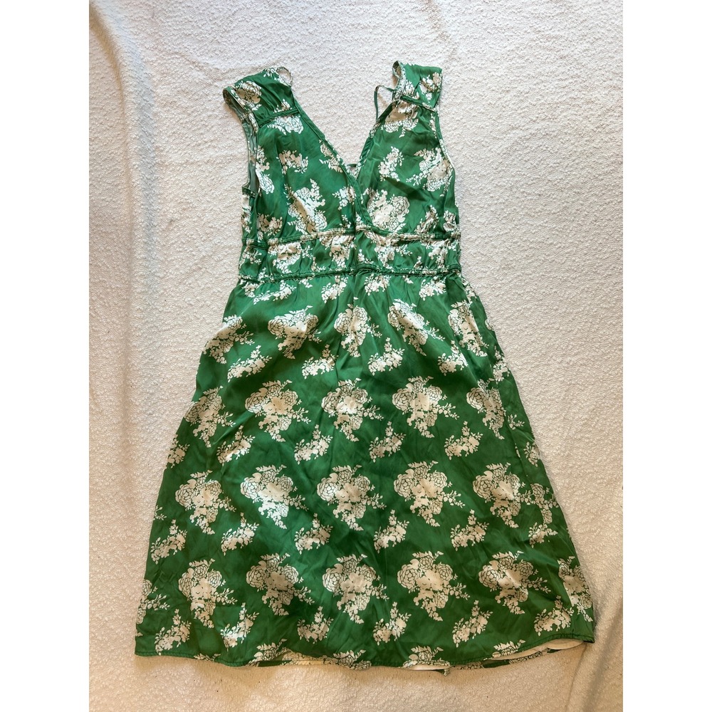 Anthropologie Porridge 100% Silk Green Floral Midi Dress Size 3 Made in USA